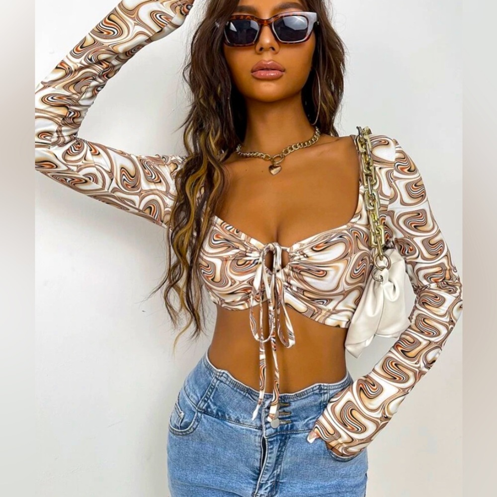Medium, Long sleeved crop top with brown, white patterns from SHEIN